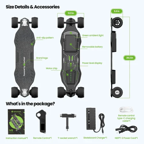 isinwheel V8 Electric Skateboard with Portable Removable Battery & Remote Control