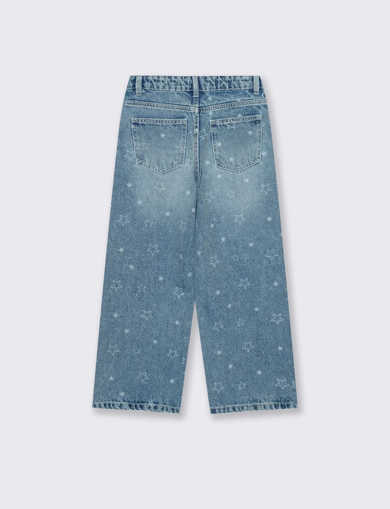 Jeans gamba larga denim chiaro con stampa - Denim