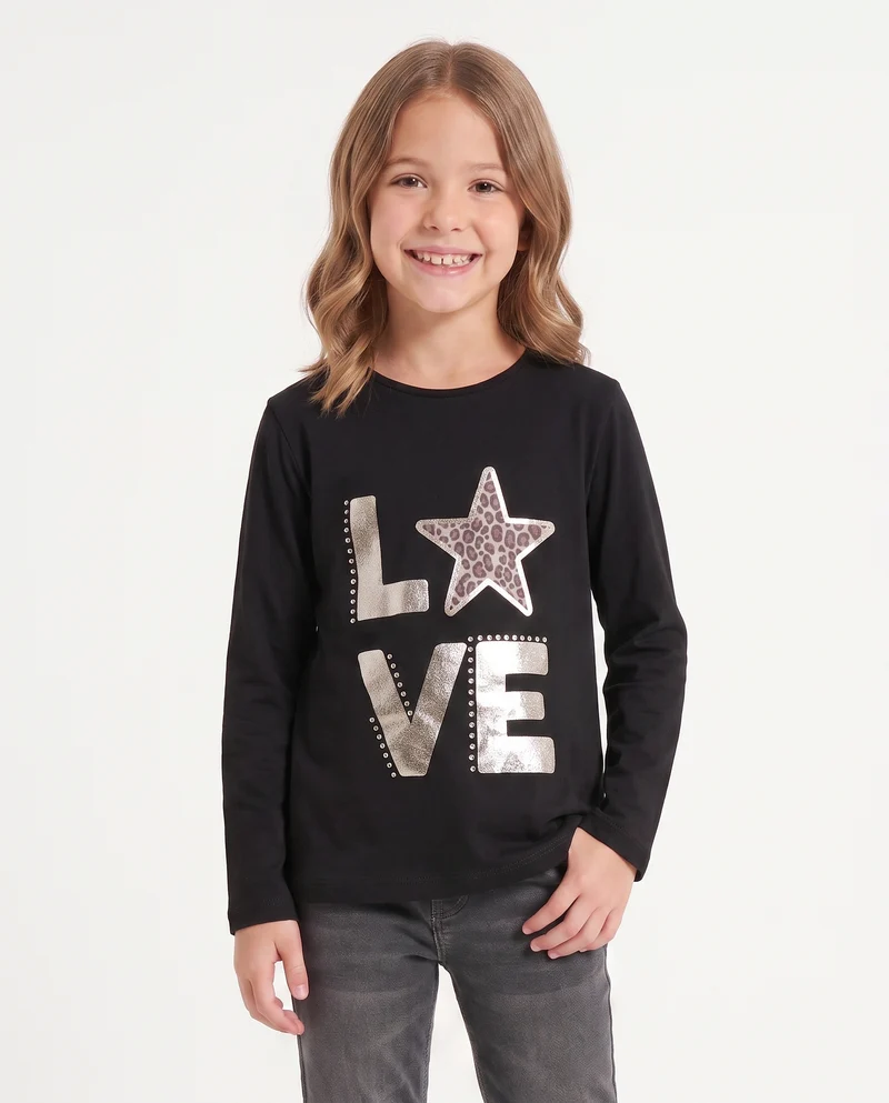 T-Shirt manica lunga con stampa colorata - Nero
