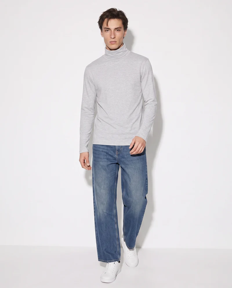 T-Shirt Collo Alto Slim Fit Maniche Lunghe - Grigio mel.