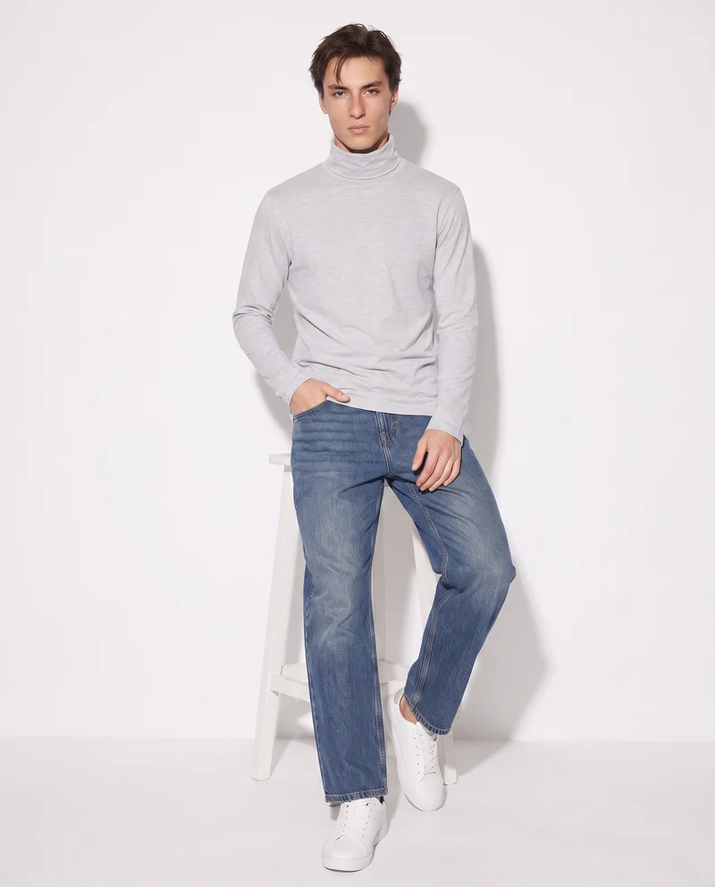 T-Shirt Collo Alto Slim Fit Maniche Lunghe - Grigio mel.
