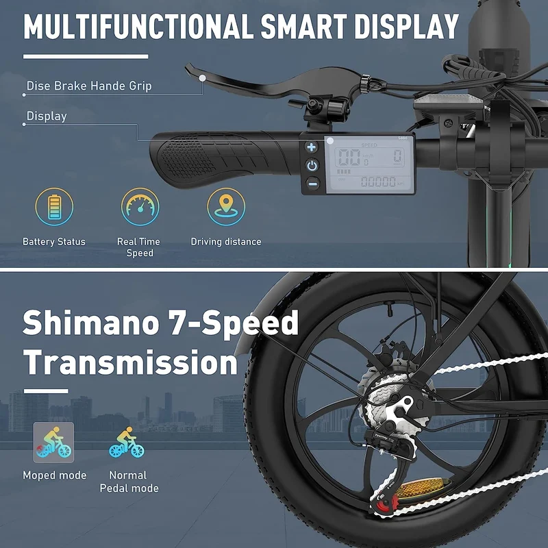 HITWAY Bicicletta Elettrica Pieghevole | 20" Fat Tire | Batteria 36V/11,2 Ah | Motore 250W | Shimano 7 Velocità | Autonomia 35-90km