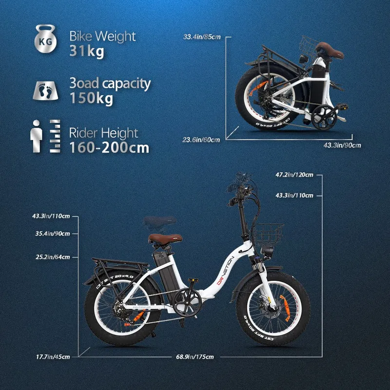 DRVETION CT20 20" Fat Tires Folding Electric Bike 750W Motor 48V 10Ah/15Ah/20Ah Battery（Hydraulic Brakes）