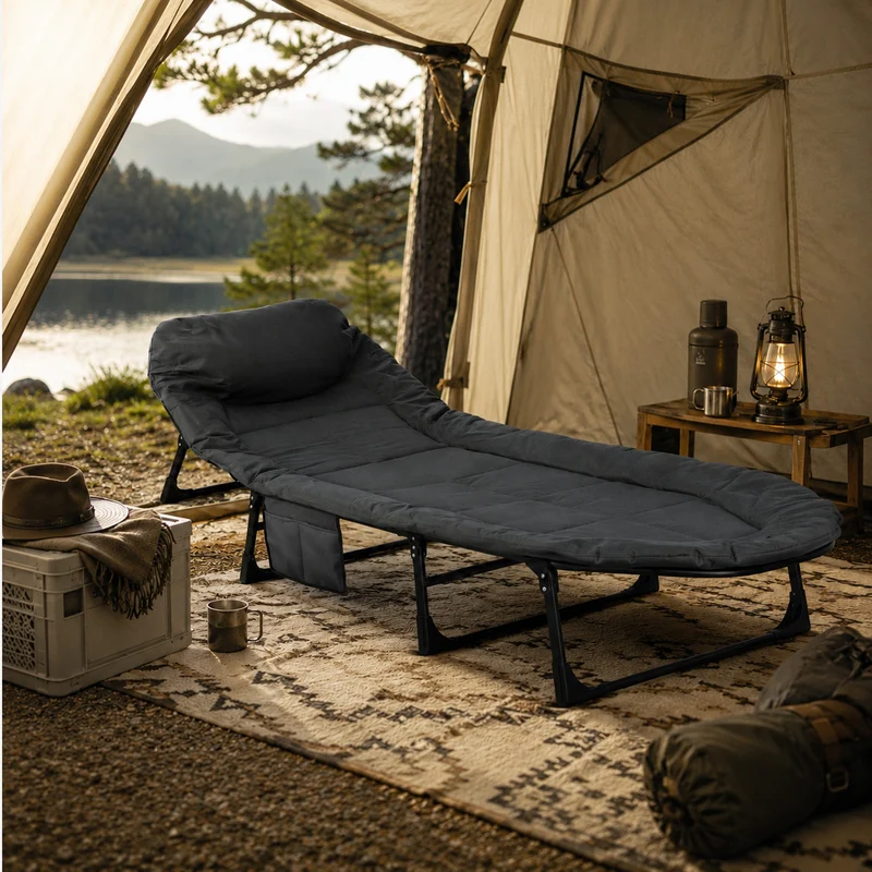 Letto da campo pieghevole Mooiys – Letto da campeggio con schienale regolabile – Grigio