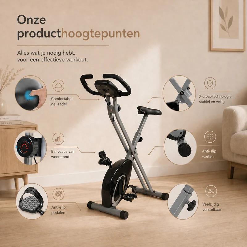 Cyclette pieghevole Ultrasport F-Bike – 8 livelli di resistenza – Display LCD – Misurazione della frequenza cardiaca – Nero/Argento