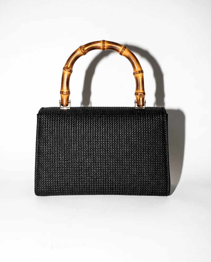 Borsa donna carta con patta manico bamboo - Nero
