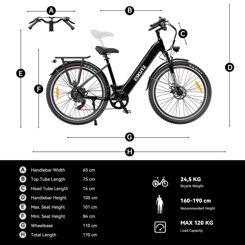 ESKUTE Polluno Plus 28" City Electric Bike 250W Motor 36V 20Ah Battery