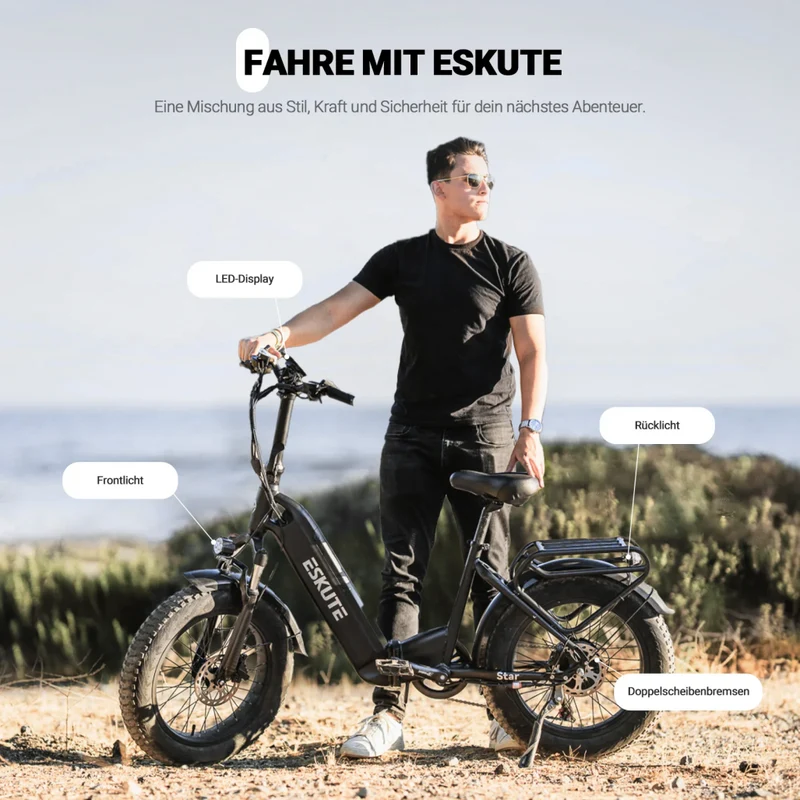 ESKUTE Star 20" Fat Tire Folding Electric Bike 250W Motor 36V 25Ah Battery