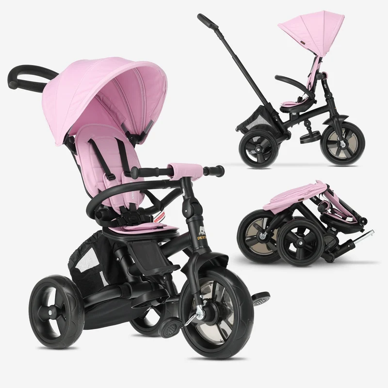 Triciclo Explorer Luxe con manubrio - Pieghevole con cestino rosa