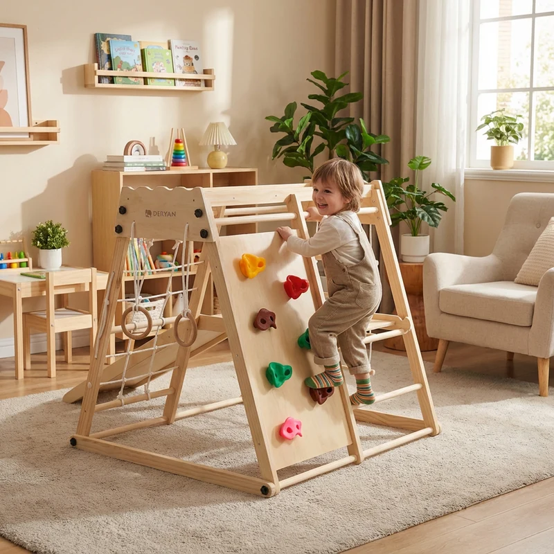 Lussuosa struttura da gioco in legno con scivolo e parete da arrampicata