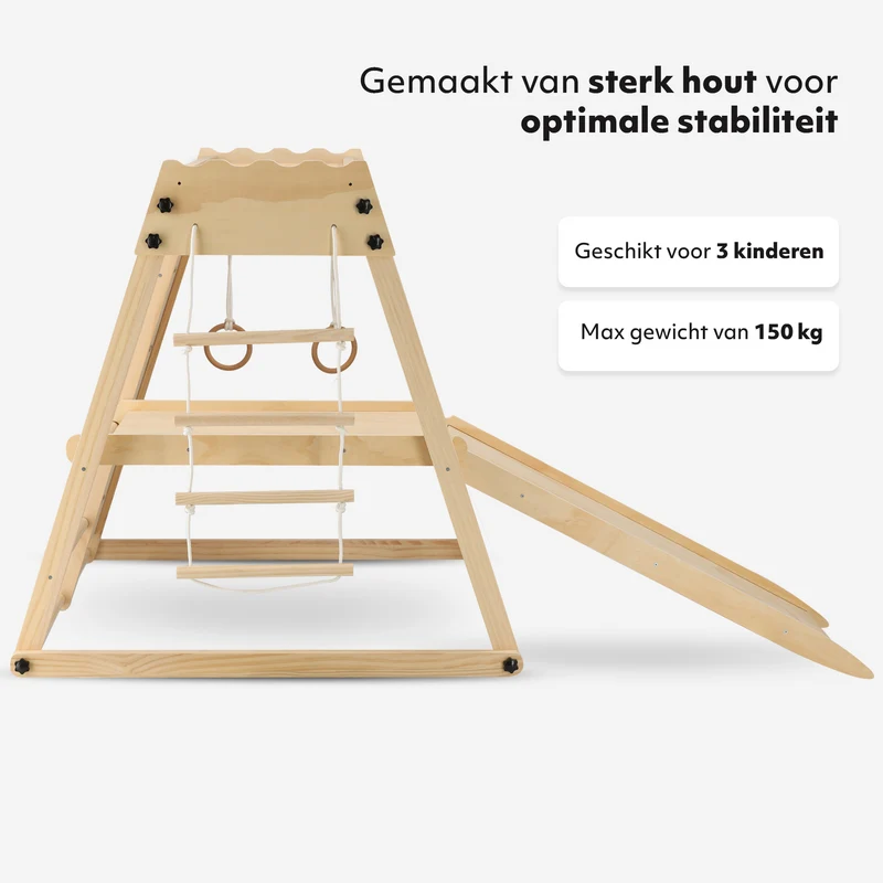 Lussuosa struttura da gioco in legno con scivolo e parete da arrampicata