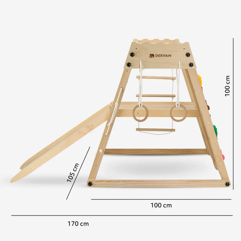Lussuosa struttura da gioco in legno con scivolo e parete da arrampicata