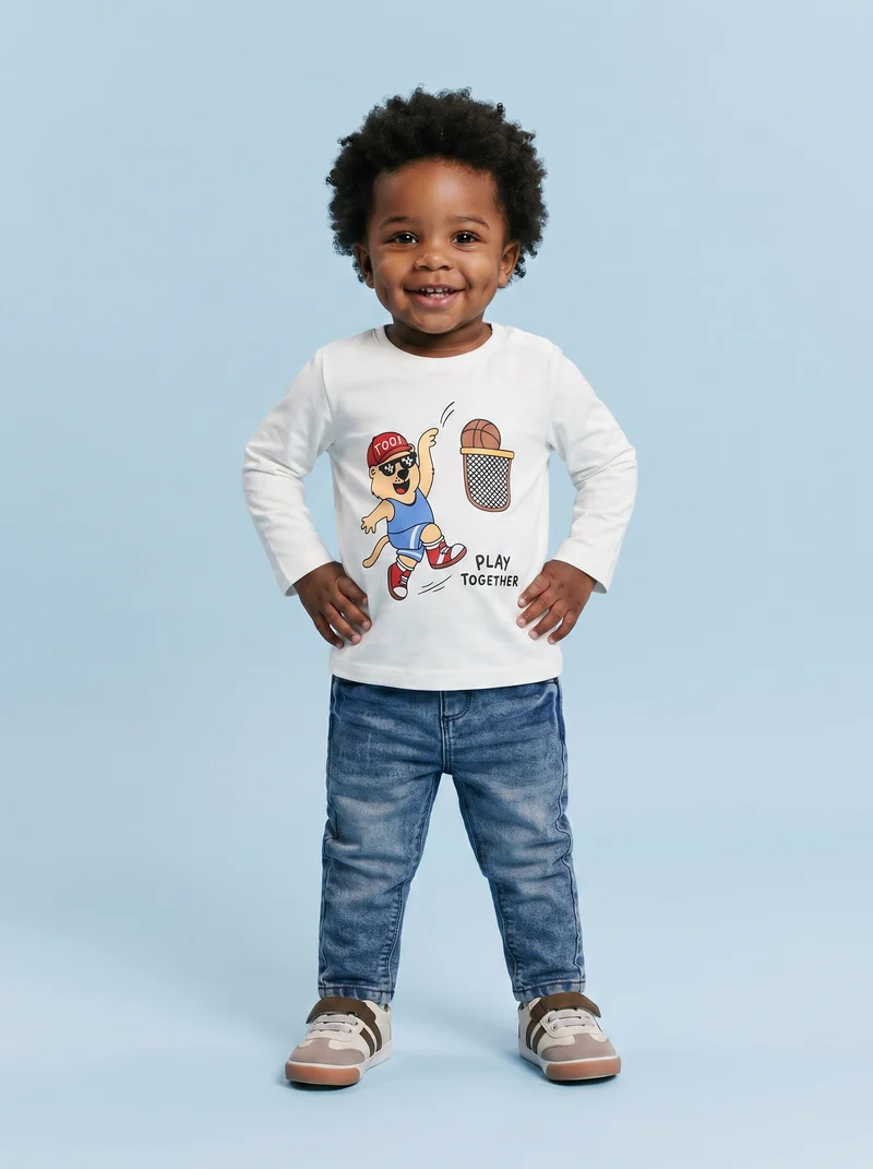 T-shirt girocollo con stampa e manica lunga - Bianco latte