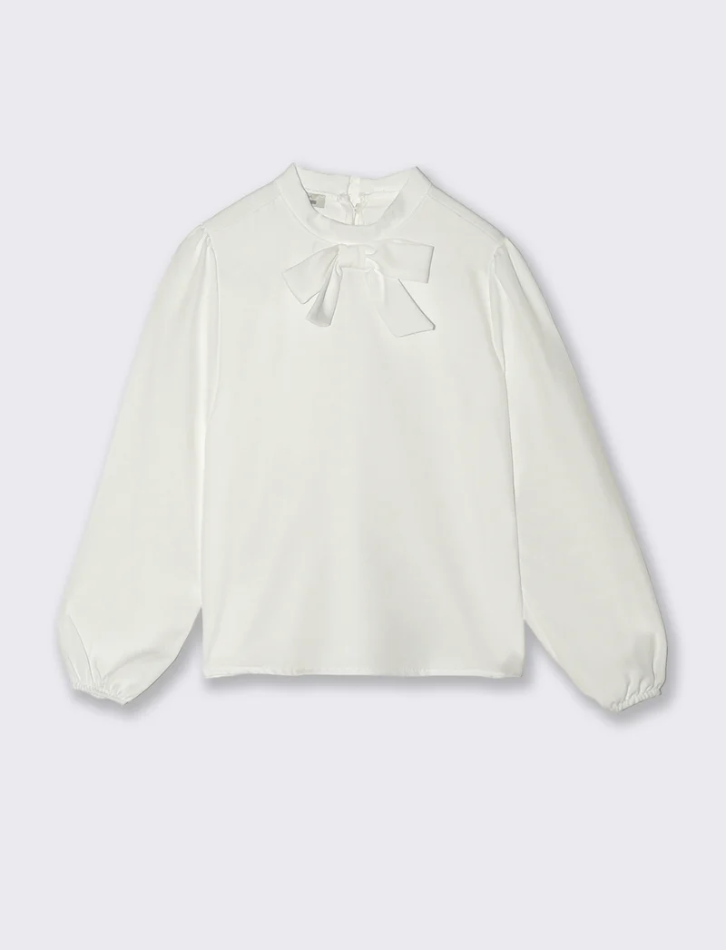 Camicia manica lunga con fiocco. - Bianco