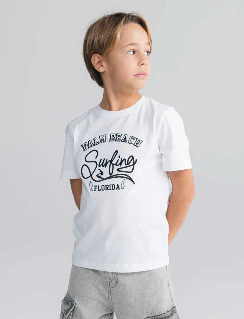 T-shirt surf con ricamo college - Bianco