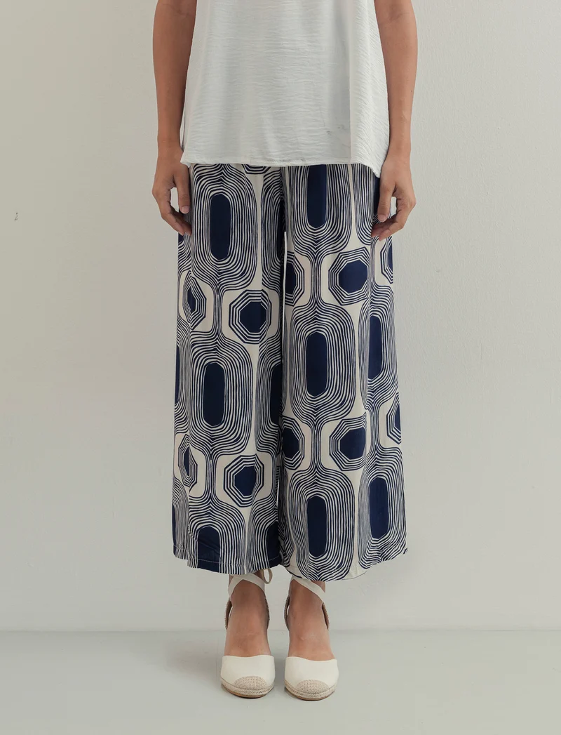 Pantalone largo stampato in viscosa - Blu