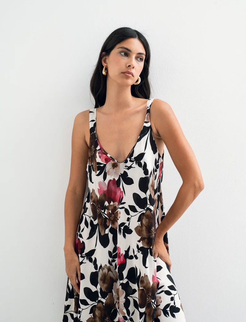 Vestito stampato con bretelline - Nero