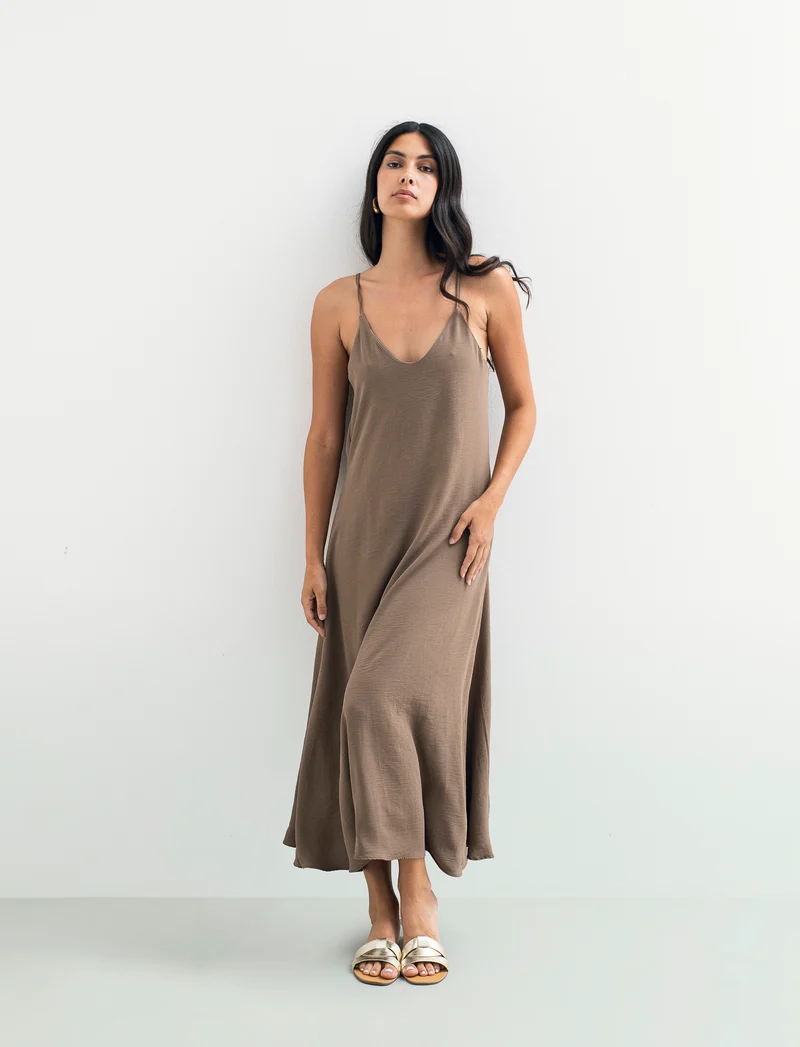 Vestito lungo con bretelline - Cacao
