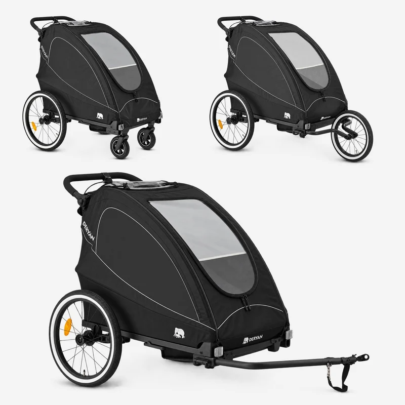 Rimorchio per bici di lusso 3 in 1: passeggino e jogger - Nero