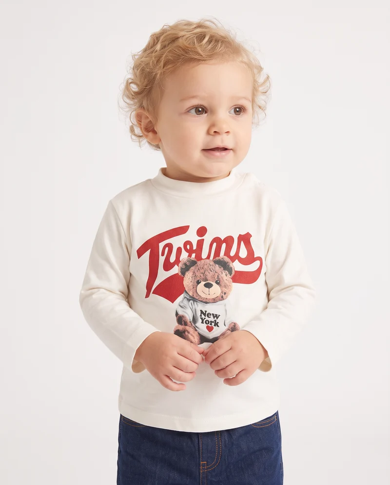 T shirt collo alto con stampa casual - Bianco latte
