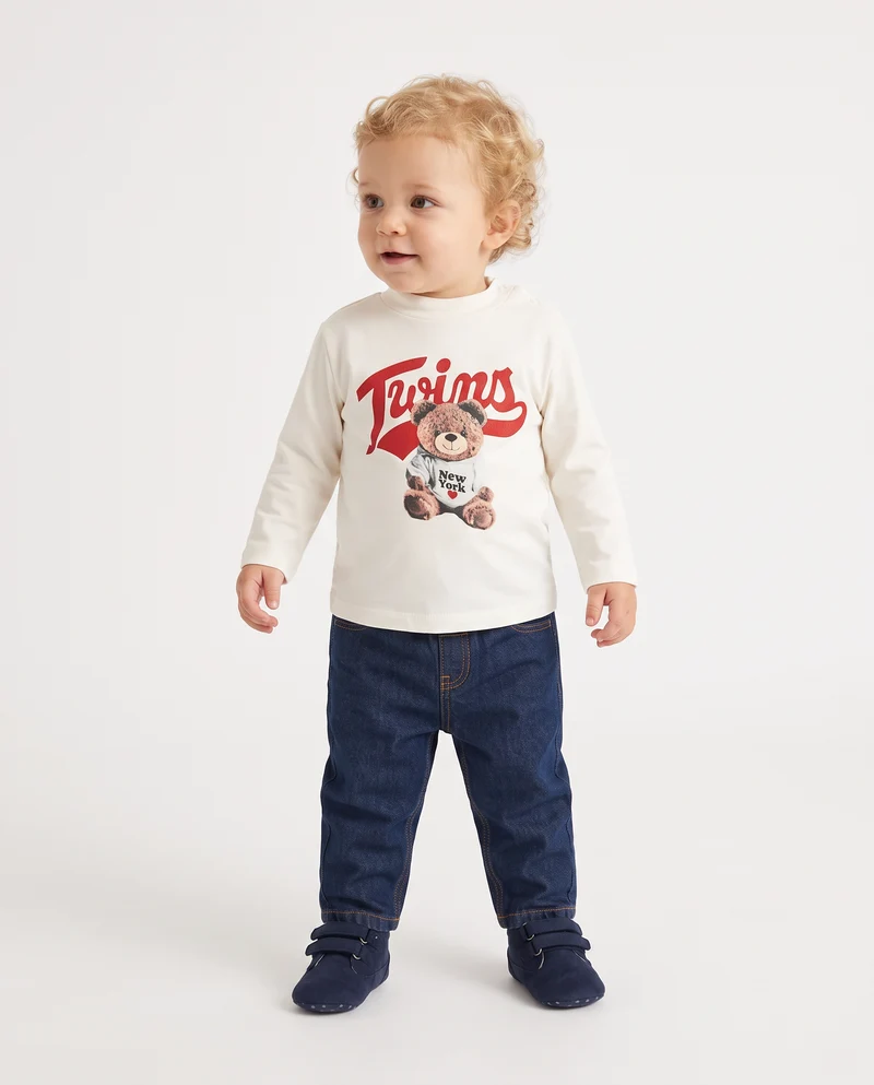 T shirt collo alto con stampa casual - Bianco latte