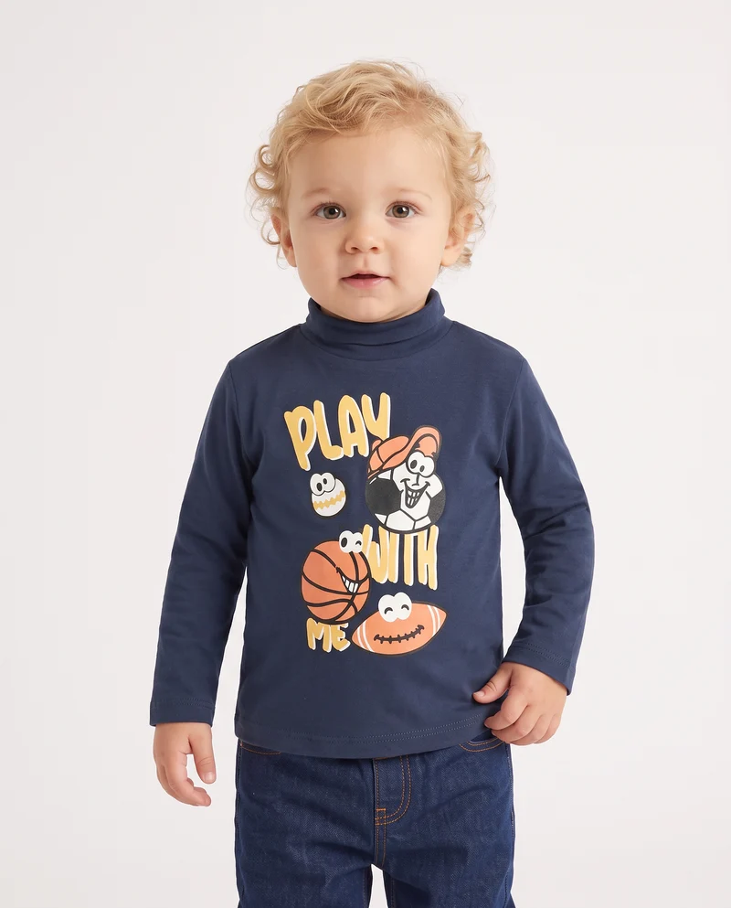 T shirt collo alto con stampa casual - Blu
