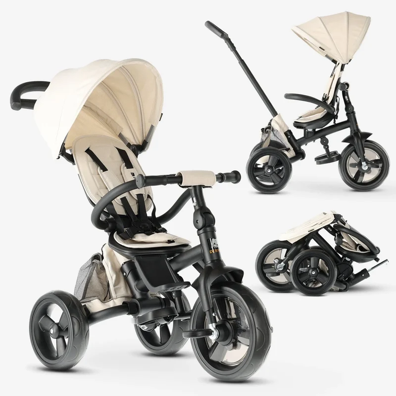 Triciclo Explorer Luxe con maniglione - Pieghevole con cestino color crema