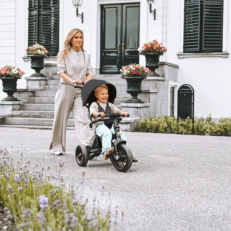 Triciclo Explorer Luxe con maniglione - Pieghevole con cestino nero