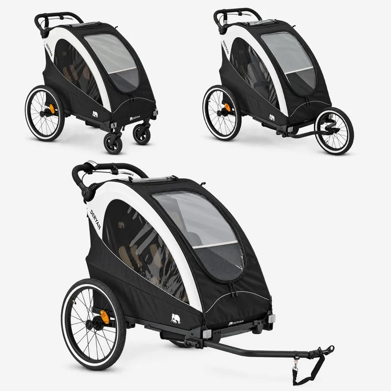 Rimorchio per biciclette di lusso 3 in 1: passeggino e jogger - Nero/Crema