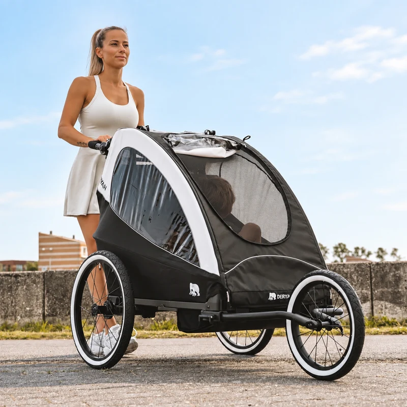 Rimorchio per biciclette di lusso 3 in 1: passeggino e jogger - Nero/Crema