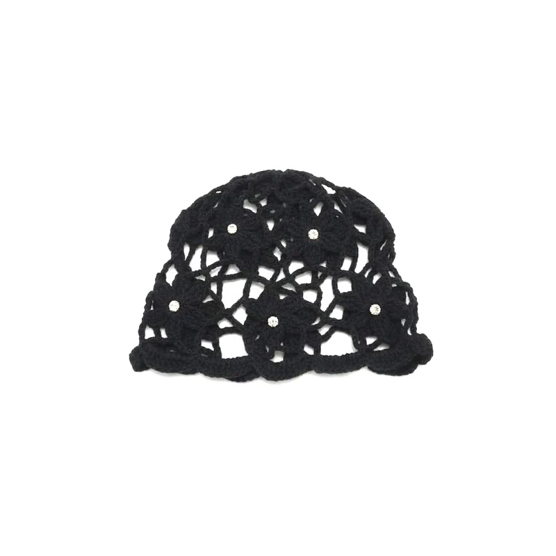 Cappello donna cuffia crochet ricamo fiori - Nero