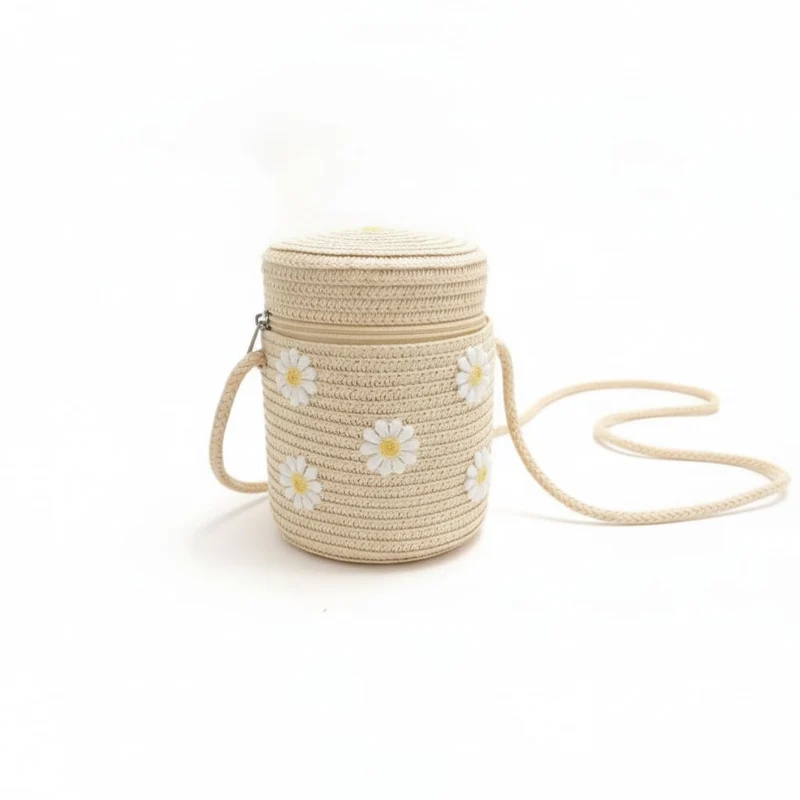 Secchiello bambina con margherite in paglia - Bianco natural