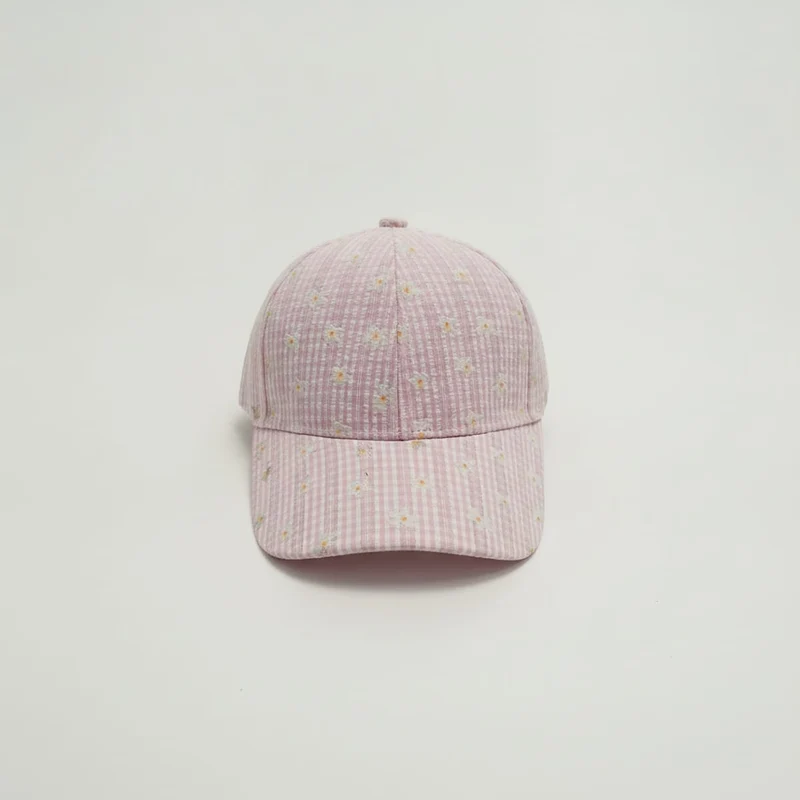 Cappello bambina vichy con margherite - Rosa