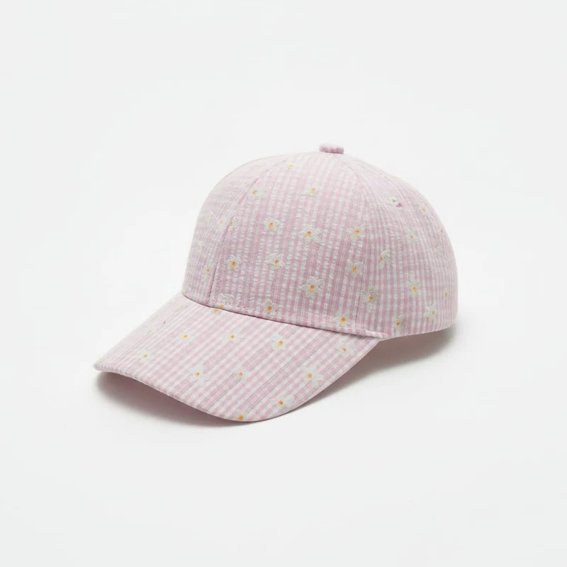 Cappello bambina vichy con margherite - Rosa