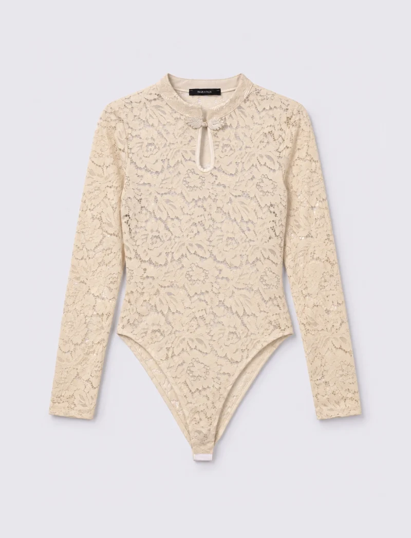 Body in pizzo a manica lunga con apertura frontale - Beige