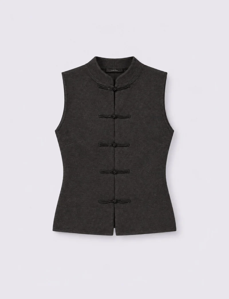 Gilet con collo alla coreana e chiusura ad alamari - Nero