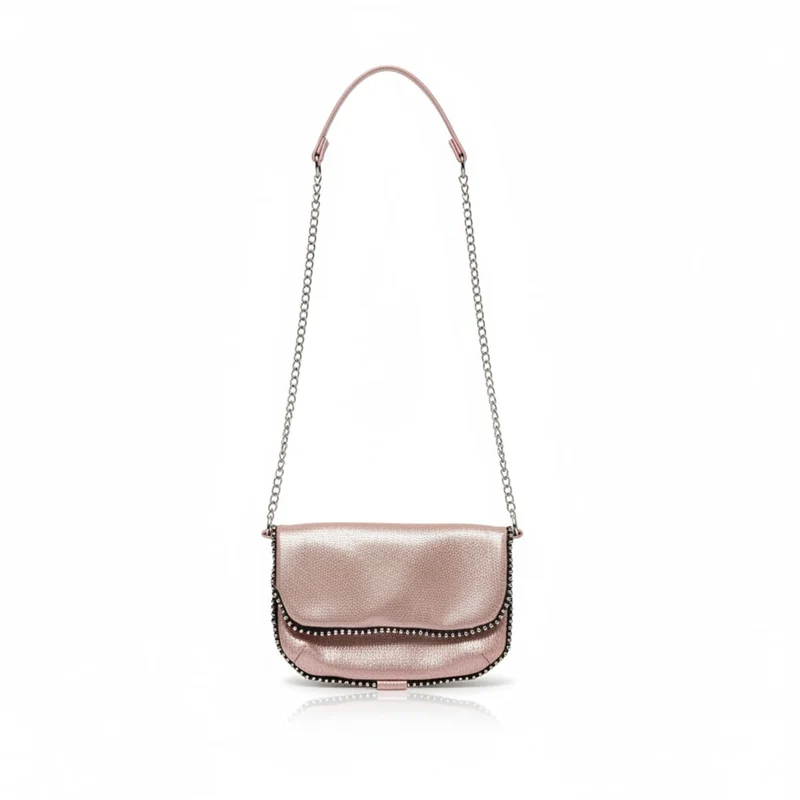 Borsetta metallizzata con borchie e tracolla - Rosa