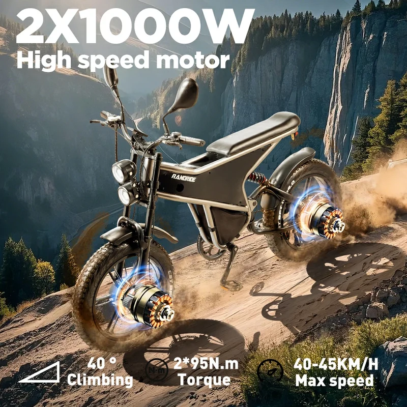 RANDRIDE DM711 20" Retro Fat Tire Electric Bike 1000W*2 Dual Motors 48V 20Ah Battery