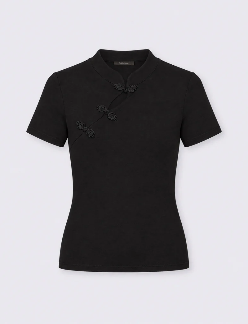 Maglia mezza manica asimmetrica con collo alla coreana e alamari - Nero