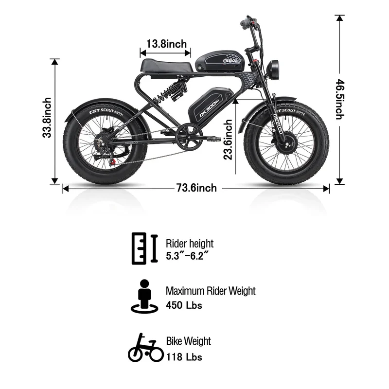 MEELOD DK300 PLUS 20" Retro Moped Style Electric Bike 1200W Peak Motor 48V 20Ah Battery