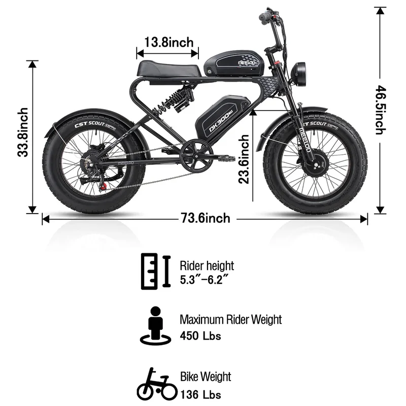 MEELOD DK300 MAX 20" Retro Moped Style Electric Bike 2400W Peak Dual Motors 48V 20Ah Dual Batteries
