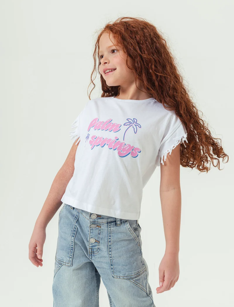 T-shirt mezza manica con frange da bambina - Bianco