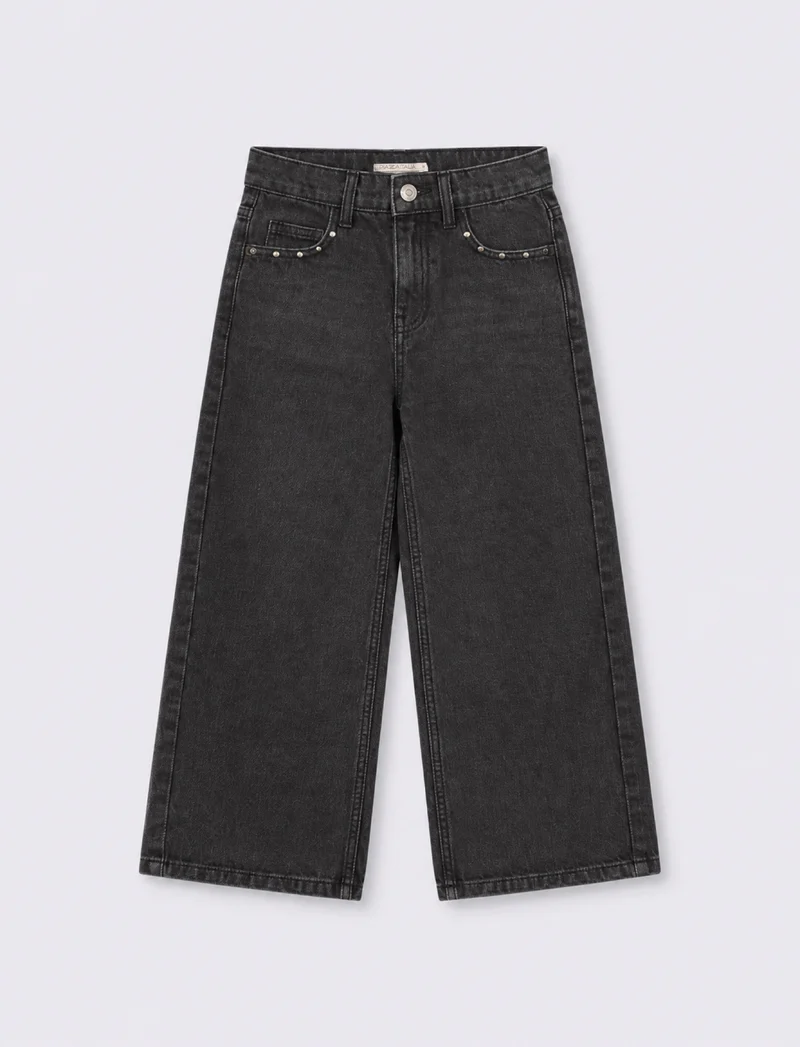 Jeans wide leg neri con patch e borchie - Nero