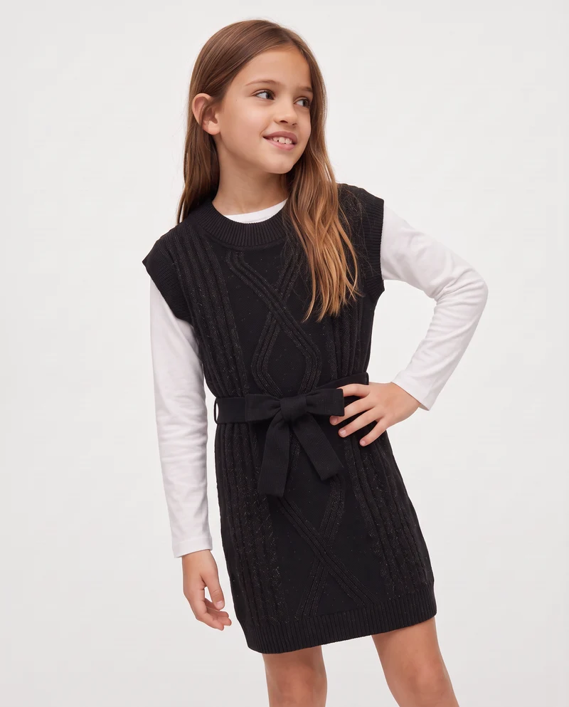 Vestito giromanica in maglieria con cintura - Nero