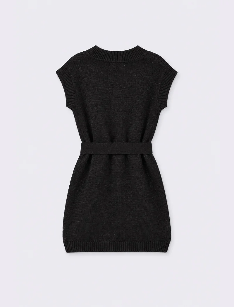Vestito giromanica in maglieria con cintura - Nero