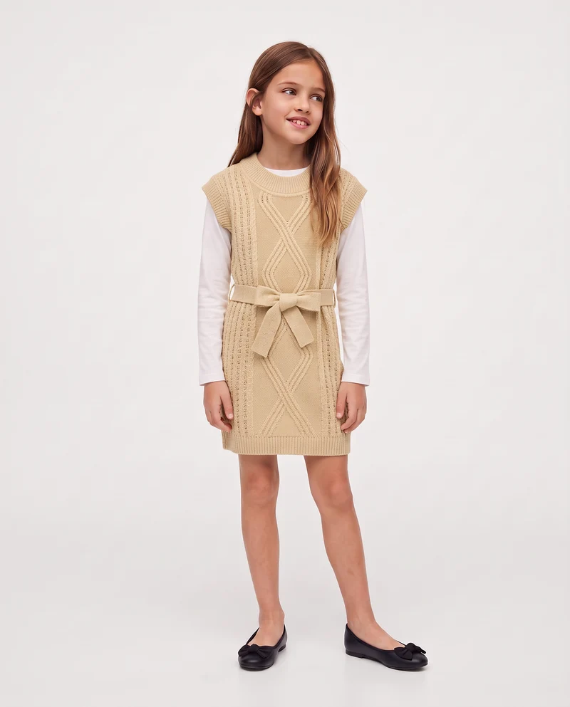 Vestito giromanica in maglieria con cintura - Beige