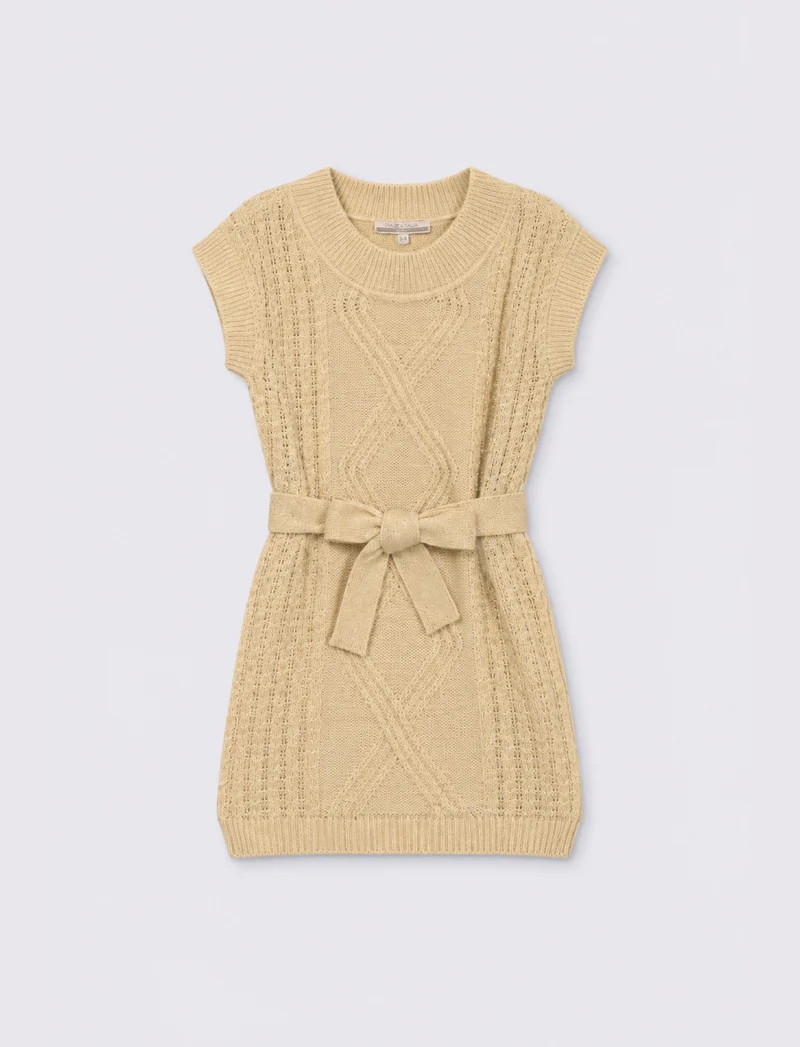 Vestito giromanica in maglieria con cintura - Beige