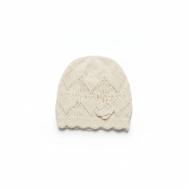 Cappello neonata cuffia uncinetto con fiore - Bianco sporco