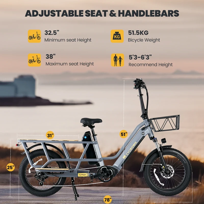 CYCROWN Wagen 20" Step-Thru Fat Tire Longtail Cargo Electric Bike 1000W Motor 48V 15.6Ah+10.4Ah Dual Batteries