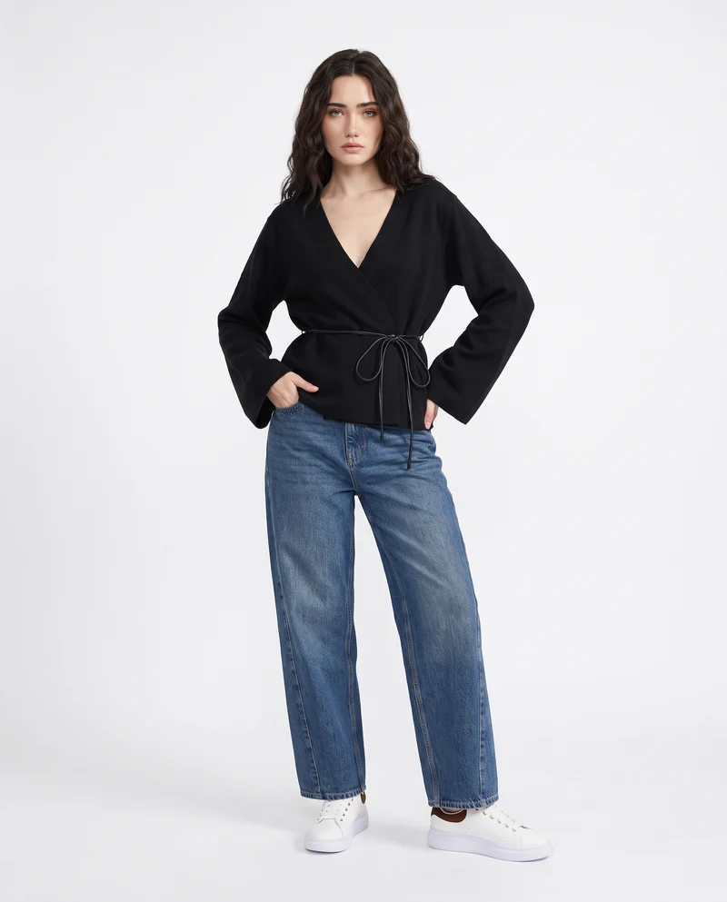 Cardigan aperto incrociato con cinturino - Nero